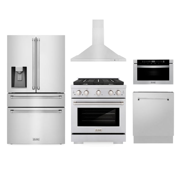 ZLINE Kitchen Package with Water and Ice Dispenser Refrigerator, 30" Gas Range, 30" Range Hood, Microwave Drawer, and 24" Tall Tub Dishwasher (5KPRW-SGRRH30-MWDWV)