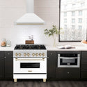 ZLINE 36 in. Autograph Edition Convertible Fingerprint Resistant Satin Stainless Steel Range Hood with White Matte Shell and Polished Gold Handle (KB4SNZ-WM36-G)