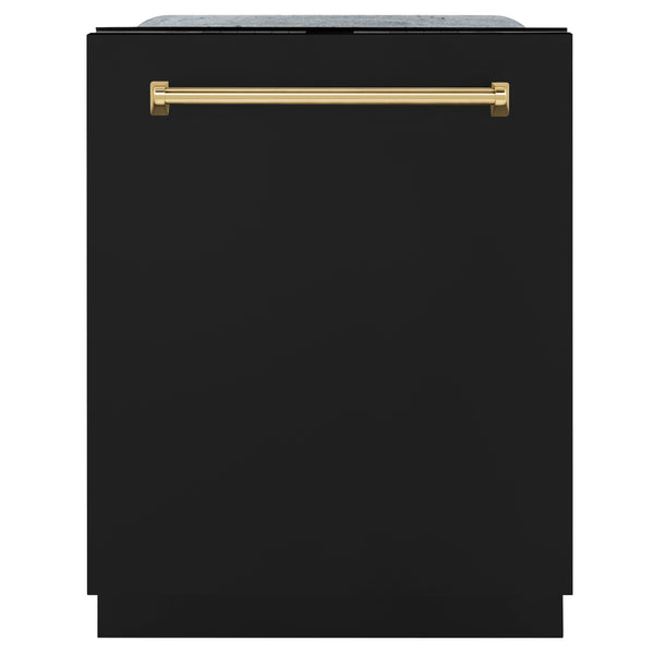 ZLINE Autograph Edition 24" Monument Series 3rd Rack Top Touch Control Tall Tub Dishwasher in Black Matte with Polished Gold Handle, 45dBa (DWMTZ-BLM-24-G)