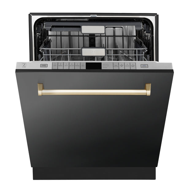 ZLINE Autograph Edition 24" Monument Series 3rd Rack Top Touch Control Tall Tub Dishwasher in Black Stainless Steel with Polished Gold Handle, 45dBa (DWMTZ-BS-24-G)