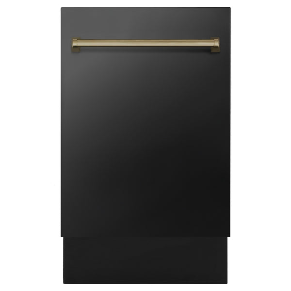 ZLINE Autograph Edition 18” Tallac Series 3rd Rack Top Control Built-In Dishwasher in Black Stainless Steel with Champagne Bronze Handle, 51dBa (DWVZ-BS-18-CB)