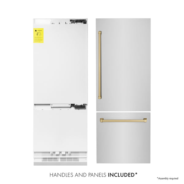 ZLINE Autograph Edition 30 in. 16.1 cu. ft. Built-In Bottom Freezer Refrigerator with Water Dispenser and Ice Maker in Stainless Steel with Champagne Bronze Accents (RBIVZ-304-30-CB)