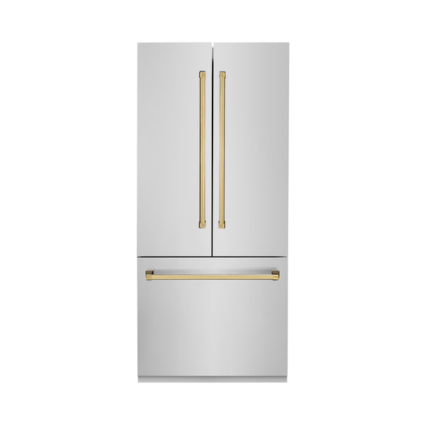 ZLINE Autograph Edition 36 in. 19.6 cu. ft. French Door Built-In Bottom Freezer Refrigerator with Water Dispenser and Ice Maker in Stainless Steel with Polished Gold Accents (RBIVZ-304-36-G)