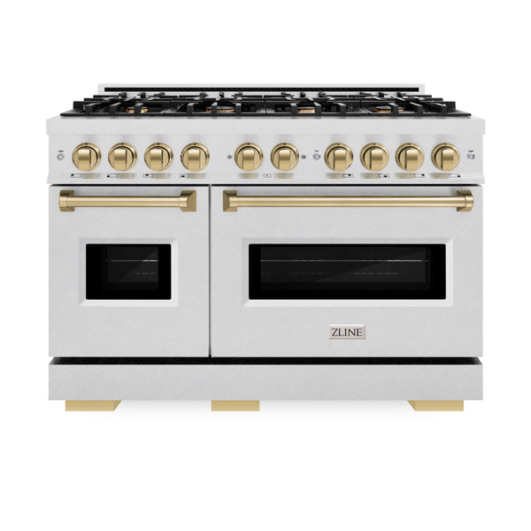 ZLINE Autograph Edition 48 in. 6.7 cu. ft. Classic Double Oven Gas Range with 8 Burner Cooktop in Satin Stainless Steel and Champagne Bronze Accents (CGRSZ-48-CB)