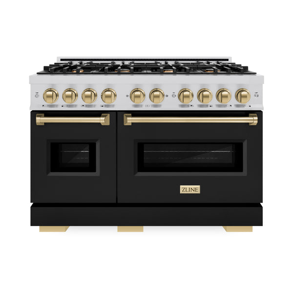 ZLINE Autograph Edition 48 in. 6.7 cu. ft. Classic Double Oven Gas Range with 8 Burner Cooktop in Stainless Steel with Black Matte Doors and Champagne Bronze Accents (CGRZ-BLM-48-CB)