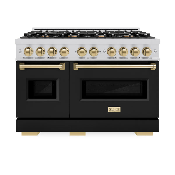 ZLINE Autograph Edition 48 in. 6.7 cu. ft. Classic Double Oven Gas Range with 8 Burner Cooktop in Stainless Steel with Black Matte Doors and Champagne Bronze Accents (CGRZ-BLM-48-CB)