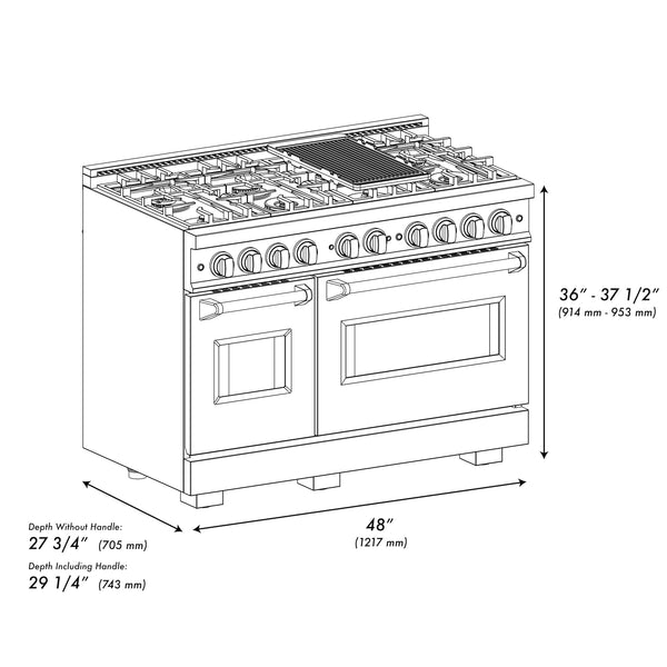 ZLINE Autograph Edition 48 in. 6.7 cu. ft. Classic Double Oven Gas Range with 8 Burner Cooktop in Stainless Steel with Black Matte Doors and Polished Gold Accents (CGRZ-BLM-48-G)
