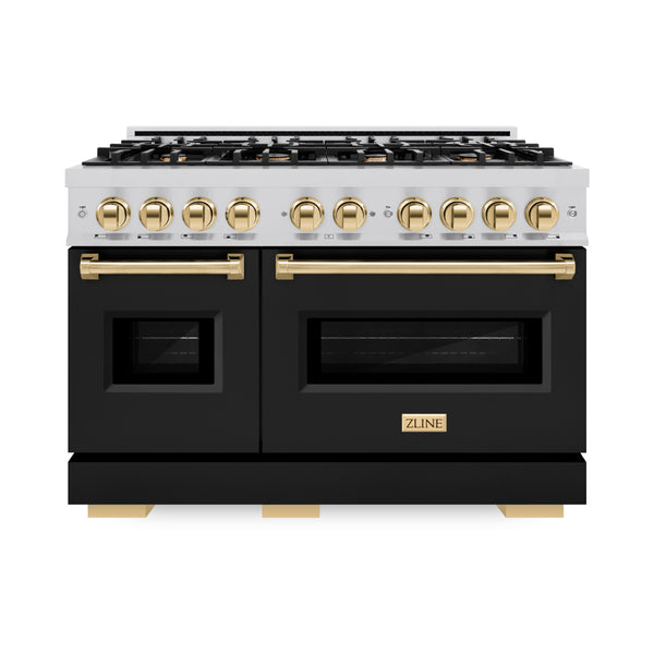 ZLINE Autograph Edition 48 in. 6.7 cu. ft. Classic Double Oven Gas Range with 8 Burner Cooktop in Stainless Steel with Black Matte Doors and Polished Gold Accents (CGRZ-BLM-48-G)