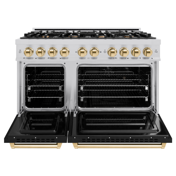 ZLINE Autograph Edition 48 in. 6.7 cu. ft. Classic Double Oven Gas Range with 8 Burner Cooktop in Stainless Steel with Black Matte Doors and Polished Gold Accents (CGRZ-BLM-48-G)
