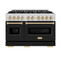 ZLINE Autograph Edition 48 in. 6.7 cu. ft. Classic Double Oven Gas Range with 8 Burner Cooktop in Stainless Steel with Black Matte Doors and Polished Gold Accents (CGRZ-BLM-48-G)