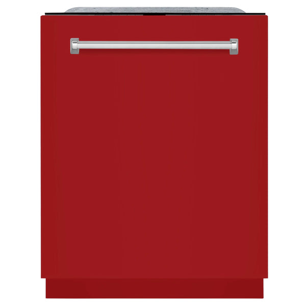ZLINE 24 in. Monument Series 3rd Rack Top Touch Control Dishwasher with Red Gloss Panel, 45dBa (DWMT-RG-24) front, closed.