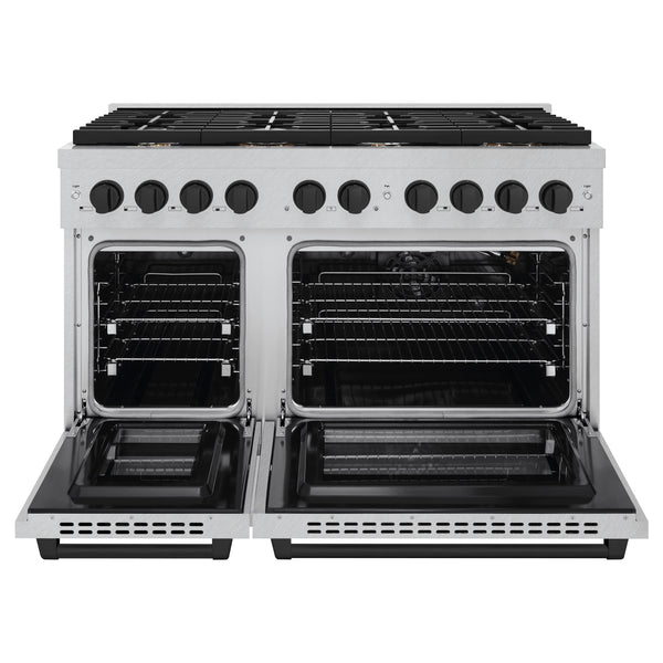ZLINE Autograph Edition 48 in. 6.7 cu. ft. Paramount Double Oven Gas Range with 8 Burner Cooktop in Satin Stainless Steel and Matte Black Accents (SGRSZ-48-MB)