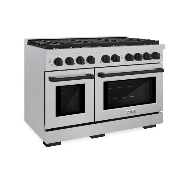 ZLINE Autograph Edition 48 in. 6.7 cu. ft. Paramount Double Oven Gas Range with 8 Burner Cooktop in Satin Stainless Steel and Matte Black Accents (SGRSZ-48-MB)