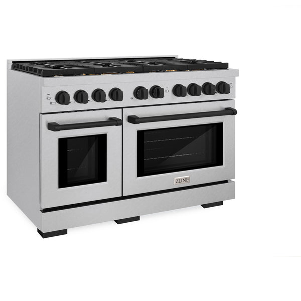 ZLINE Autograph Edition 48 in. 6.7 cu. ft. Paramount Double Oven Gas Range with 8 Burner Cooktop in Satin Stainless Steel and Matte Black Accents (SGRSZ-48-MB)
