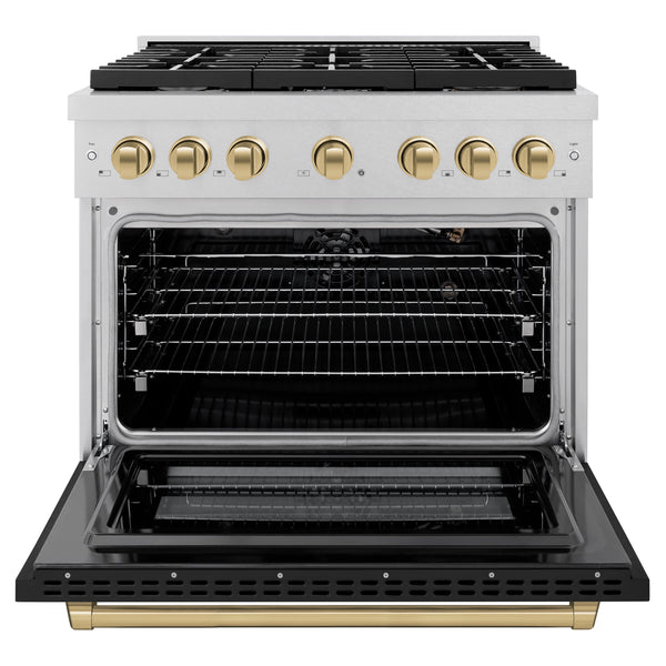 ZLINE Autograph Edition 36 in. 5.2 cu. ft. Paramount Gas Range with 6 Burner Cooktop and Convection Gas Oven in Satin Stainless Steel with Black Matte Door and Champagne Bronze Accents (SGRSZ-BLM-36-CB)