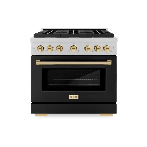 ZLINE Autograph Edition 36 in. 5.2 cu. ft. Paramount Gas Range with 6 Burner Cooktop and Convection Gas Oven in Satin Stainless Steel with Black Matte Door and Polished Gold Accents (SGRSZ-BLM-36-G)