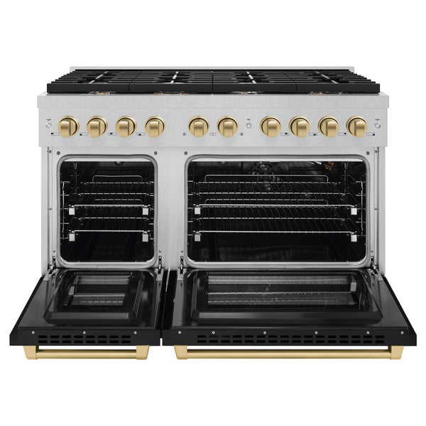 ZLINE Autograph Edition 48 in. 6.7 cu. ft. Paramount Double Oven Gas Range with 8 Burner Cooktop in Satin Stainless Steel with Black Matte Doors and Champagne Bronze Accents (SGRSZ-BLM-48-CB)