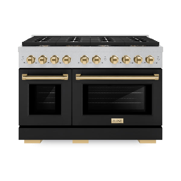 ZLINE Autograph Edition 48 in. 6.7 cu. ft. Paramount Double Oven Gas Range with 8 Burner Cooktop in Satin Stainless Steel with Black Matte Doors and Polished Gold Accents (SGRSZ-BLM-48-G)