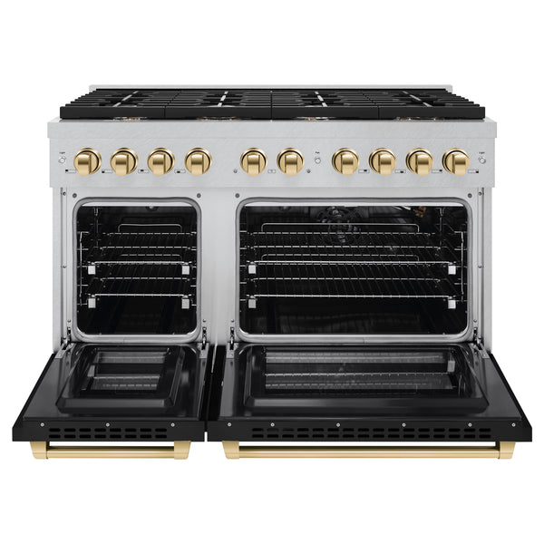 ZLINE Autograph Edition 48 in. 6.7 cu. ft. Paramount Double Oven Gas Range with 8 Burner Cooktop in Satin Stainless Steel with Black Matte Doors and Polished Gold Accents (SGRSZ-BLM-48-G)