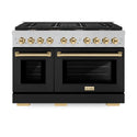 ZLINE Autograph Edition 48 in. 6.7 cu. ft. Paramount Double Oven Gas Range with 8 Burner Cooktop in Satin Stainless Steel with Black Matte Doors and Polished Gold Accents (SGRSZ-BLM-48-G)