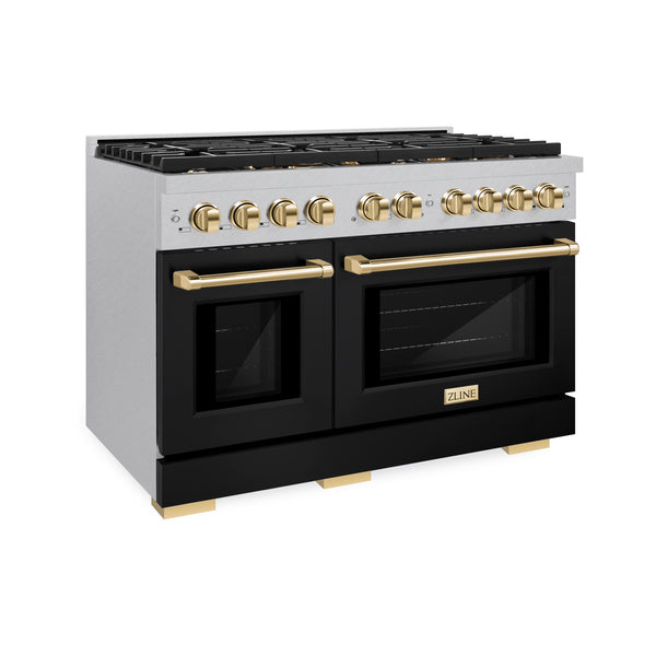 ZLINE Autograph Edition 48 in. 6.7 cu. ft. Paramount Double Oven Gas Range with 8 Burner Cooktop in Satin Stainless Steel with Black Matte Doors and Polished Gold Accents (SGRSZ-BLM-48-G)
