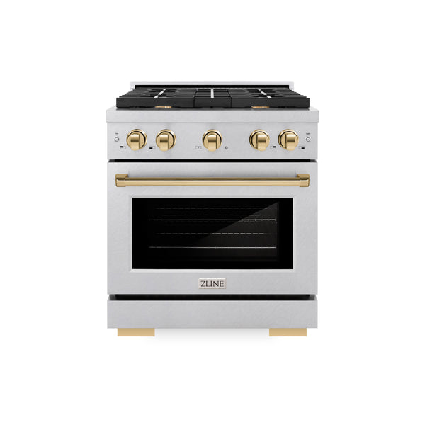 ZLINE Autograph Edition 30 in. 4.2 cu. ft. Paramount Gas Range with 4 Burner Cooktop and Convection Gas Oven in Satin Stainless Steel and Polished Gold Accents (SGRSZ-30-G)