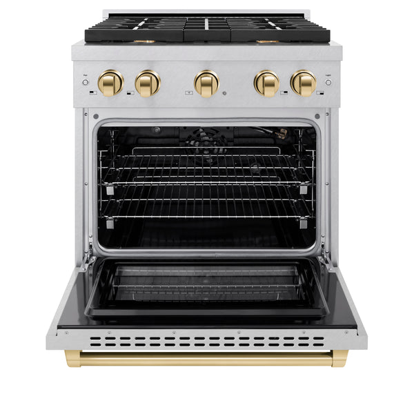 ZLINE Autograph Edition 30 in. 4.2 cu. ft. Paramount Gas Range with 4 Burner Cooktop and Convection Gas Oven in Satin Stainless Steel and Polished Gold Accents (SGRSZ-30-G)