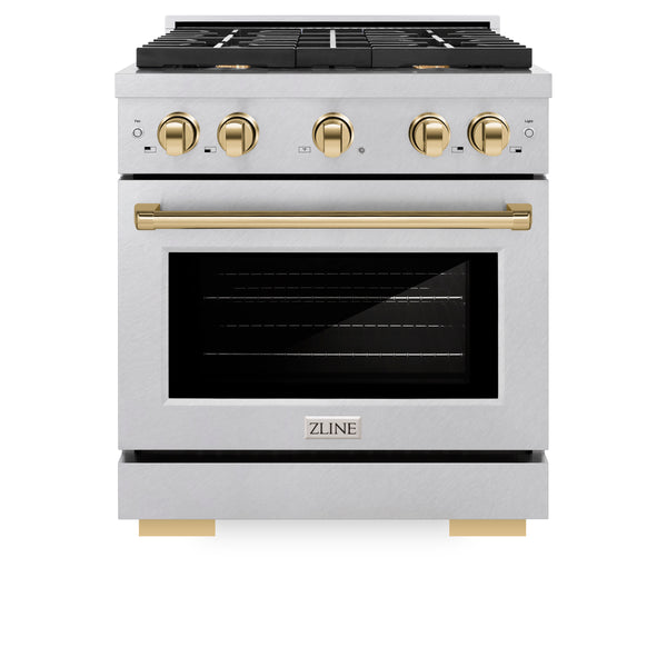 ZLINE Autograph Edition 30 in. 4.2 cu. ft. Paramount Gas Range with 4 Burner Cooktop and Convection Gas Oven in Satin Stainless Steel and Polished Gold Accents (SGRSZ-30-G)