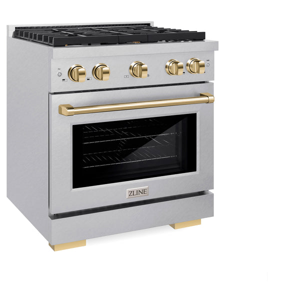 ZLINE Autograph Edition 30 in. 4.2 cu. ft. Paramount Gas Range with 4 Burner Cooktop and Convection Gas Oven in Satin Stainless Steel and Polished Gold Accents (SGRSZ-30-G)
