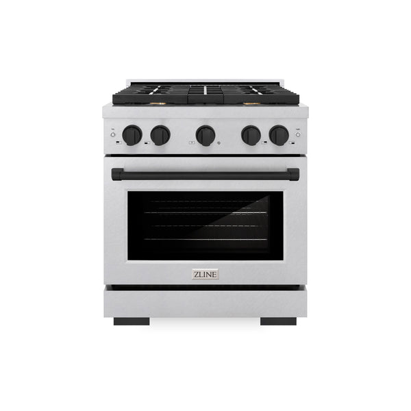 ZLINE Autograph Edition 30 in. 4.2 cu. ft. Paramount Gas Range with 4 Burner Cooktop and Convection Gas Oven in Satin Stainless Steel and Matte Black Accents (SGRSZ-30-MB)