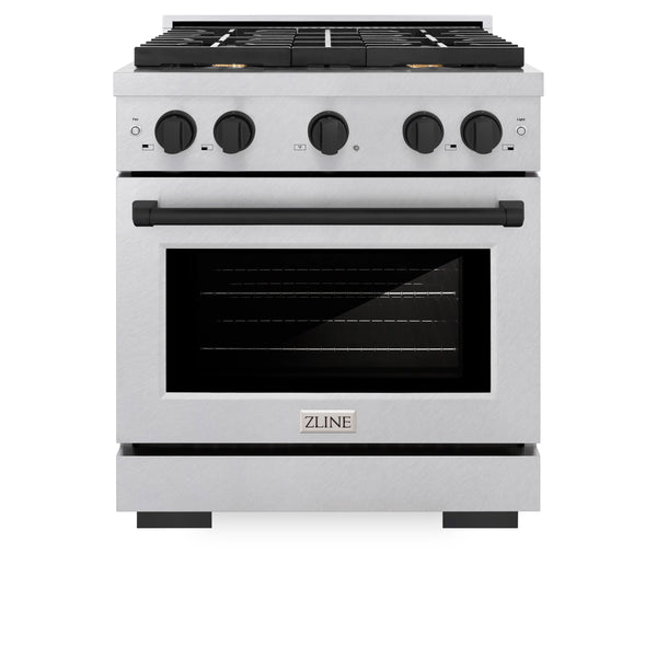 ZLINE Autograph Edition 30 in. 4.2 cu. ft. Paramount Gas Range with 4 Burner Cooktop and Convection Gas Oven in Satin Stainless Steel and Matte Black Accents (SGRSZ-30-MB)
