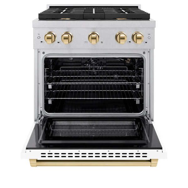 ZLINE Autograph Edition 30 in. 4.2 cu. ft. Paramount Gas Range with 4 Burner Cooktop and Convection Gas Oven in Satin Stainless Steel with White Matte Door and Polished Gold Accents (SGRSZ-WM-30-G)
