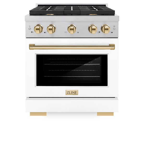 ZLINE Autograph Edition 30 in. 4.2 cu. ft. Paramount Gas Range with 4 Burner Cooktop and Convection Gas Oven in Satin Stainless Steel with White Matte Door and Polished Gold Accents (SGRSZ-WM-30-G)