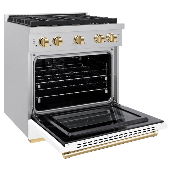 ZLINE Autograph Edition 30 in. 4.2 cu. ft. Paramount Gas Range with 4 Burner Cooktop and Convection Gas Oven in Satin Stainless Steel with White Matte Door and Polished Gold Accents (SGRSZ-WM-30-G)