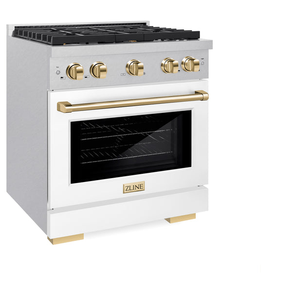 ZLINE Autograph Edition 30 in. 4.2 cu. ft. Paramount Gas Range with 4 Burner Cooktop and Convection Gas Oven in Satin Stainless Steel with White Matte Door and Polished Gold Accents (SGRSZ-WM-30-G)