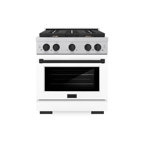ZLINE Autograph Edition 30 in. 4.2 cu. ft. Paramount Gas Range with 4 Burner Cooktop and Convection Gas Oven in Satin Stainless Steel with White Matte Door and Matte Black Accents (SGRSZ-WM-30-MB)