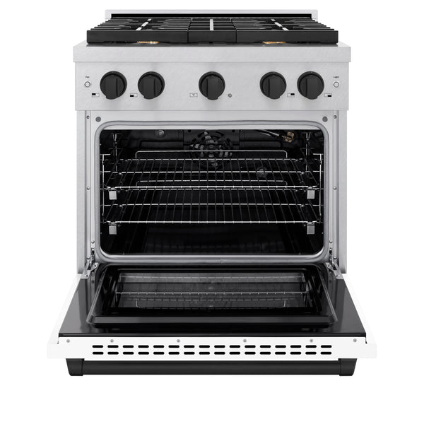 ZLINE Autograph Edition 30 in. 4.2 cu. ft. Paramount Gas Range with 4 Burner Cooktop and Convection Gas Oven in Satin Stainless Steel with White Matte Door and Matte Black Accents (SGRSZ-WM-30-MB)