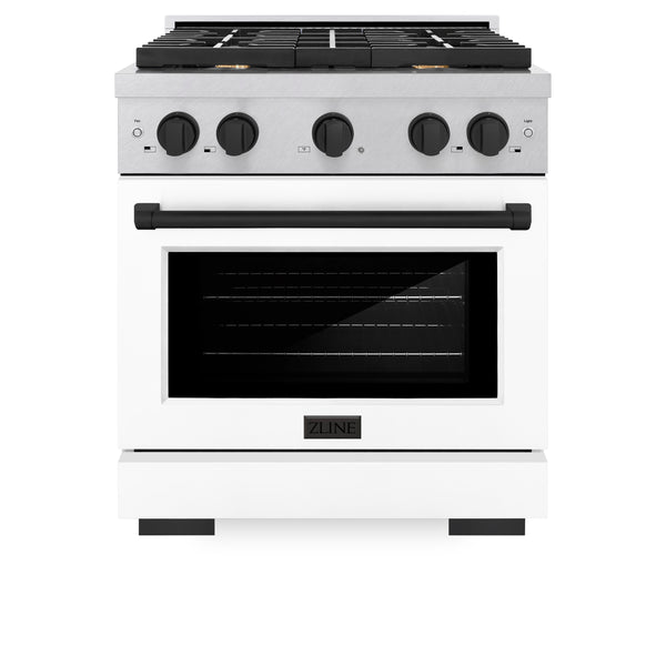 ZLINE Autograph Edition 30 in. 4.2 cu. ft. Paramount Gas Range with 4 Burner Cooktop and Convection Gas Oven in Satin Stainless Steel with White Matte Door and Matte Black Accents (SGRSZ-WM-30-MB)