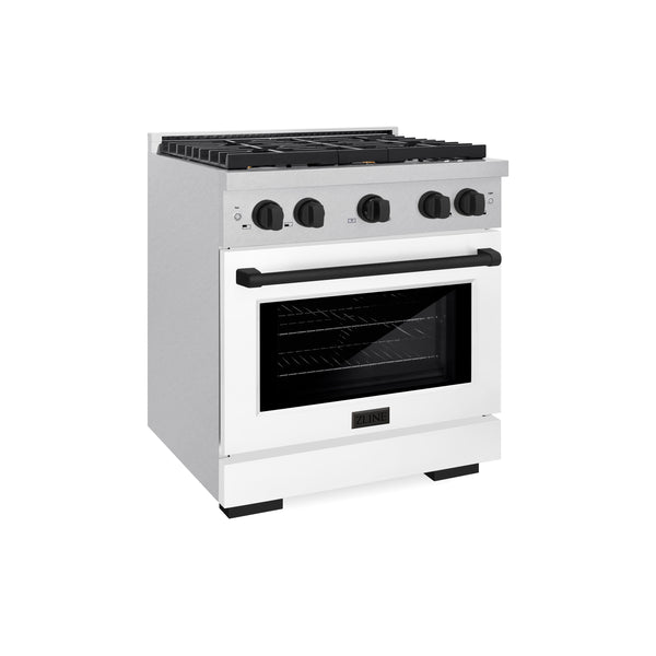 ZLINE Autograph Edition 30 in. 4.2 cu. ft. Paramount Gas Range with 4 Burner Cooktop and Convection Gas Oven in Satin Stainless Steel with White Matte Door and Matte Black Accents (SGRSZ-WM-30-MB)