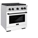 ZLINE Autograph Edition 30 in. 4.2 cu. ft. Paramount Gas Range with 4 Burner Cooktop and Convection Gas Oven in Satin Stainless Steel with White Matte Door and Matte Black Accents (SGRSZ-WM-30-MB)