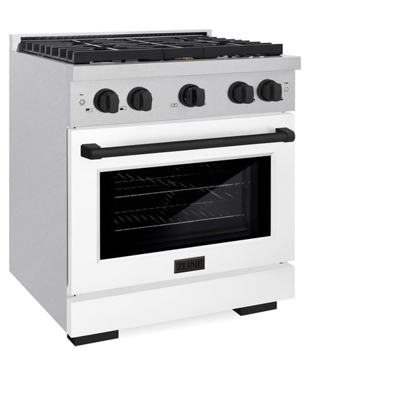 ZLINE Autograph Edition 30 in. 4.2 cu. ft. Paramount Gas Range with 4 Burner Cooktop and Convection Gas Oven in Satin Stainless Steel with White Matte Door and Matte Black Accents (SGRSZ-WM-30-MB)