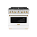 ZLINE Autograph Edition 36 in. 5.2 cu. ft. Paramount Gas Range with 6 Burner Cooktop and Convection Gas Oven in Satin Stainless Steel with White Matte Door and Polished Gold Accents (SGRSZ-WM-36-G)