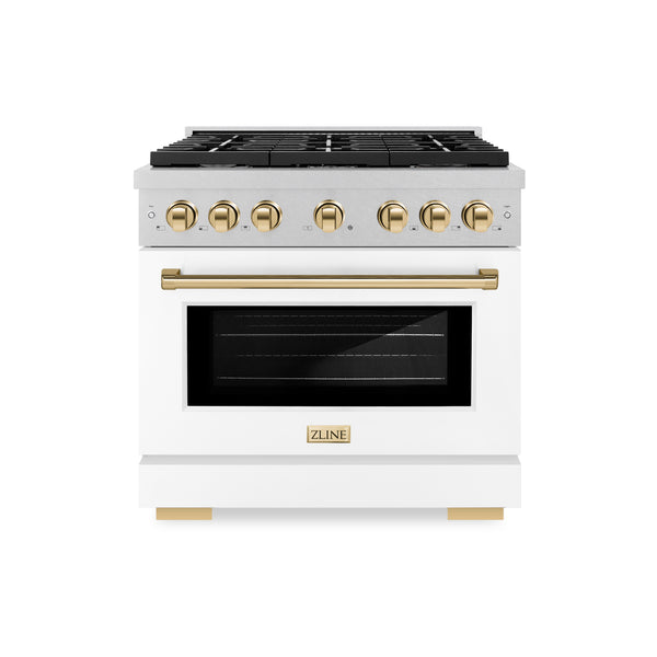 ZLINE Autograph Edition 36 in. 5.2 cu. ft. Paramount Gas Range with 6 Burner Cooktop and Convection Gas Oven in Satin Stainless Steel with White Matte Door and Polished Gold Accents (SGRSZ-WM-36-G)