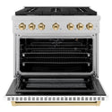 ZLINE Autograph Edition 36 in. 5.2 cu. ft. Paramount Gas Range with 6 Burner Cooktop and Convection Gas Oven in Satin Stainless Steel with White Matte Door and Polished Gold Accents (SGRSZ-WM-36-G)