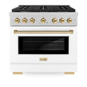 ZLINE Autograph Edition 36 in. 5.2 cu. ft. Paramount Gas Range with 6 Burner Cooktop and Convection Gas Oven in Satin Stainless Steel with White Matte Door and Polished Gold Accents (SGRSZ-WM-36-G)