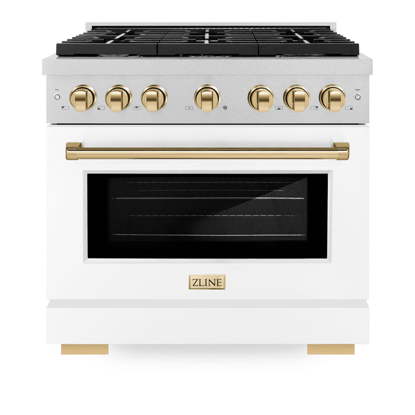ZLINE Autograph Edition 36 in. 5.2 cu. ft. Paramount Gas Range with 6 Burner Cooktop and Convection Gas Oven in Satin Stainless Steel with White Matte Door and Polished Gold Accents (SGRSZ-WM-36-G)