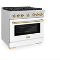ZLINE Autograph Edition 36 in. 5.2 cu. ft. Paramount Gas Range with 6 Burner Cooktop and Convection Gas Oven in Satin Stainless Steel with White Matte Door and Polished Gold Accents (SGRSZ-WM-36-G)