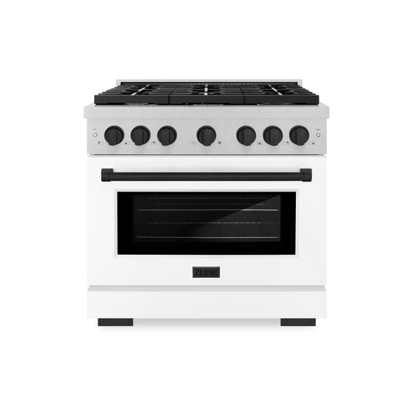 ZLINE Autograph Edition 36 in. 5.2 cu. ft. Paramount Gas Range with 6 Burner Cooktop and Convection Gas Oven in Satin Stainless Steel with White Matte Door and Matte Black Accents (SGRSZ-WM-36-MB)