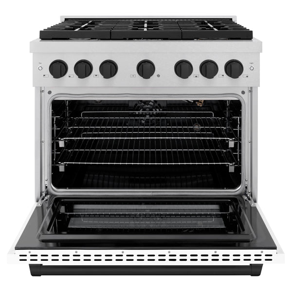 ZLINE Autograph Edition 36 in. 5.2 cu. ft. Paramount Gas Range with 6 Burner Cooktop and Convection Gas Oven in Satin Stainless Steel with White Matte Door and Matte Black Accents (SGRSZ-WM-36-MB)