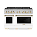 ZLINE Autograph Edition 48 in. 6.7 cu. ft. Paramount Double Oven Gas Range with 8 Burner Cooktop in Satin Stainless Steel with White Matte Doors and Polished Gold Accents (SGRSZ-WM-48-G)